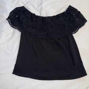 Ann Taylor LOFT Black Crochet Lace Ruffle Off The Shoulder Cotton Top Small